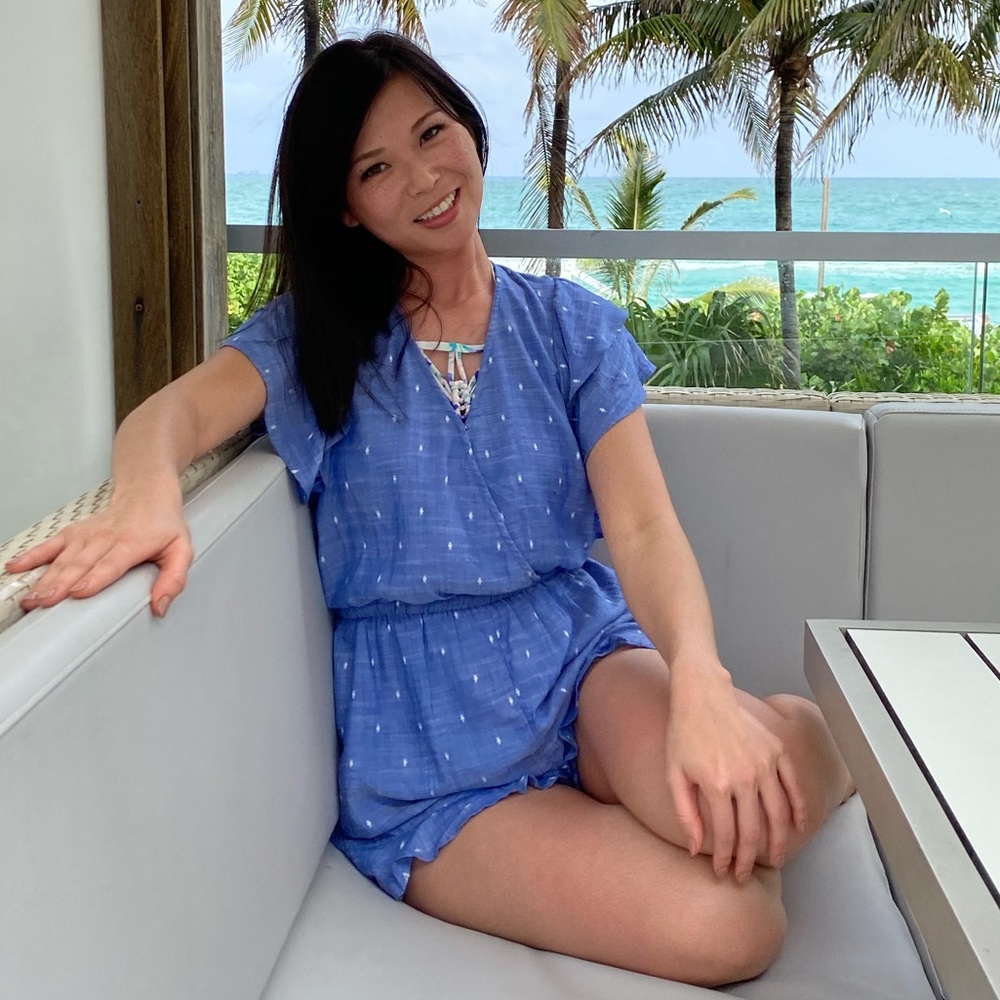 Blue Linen White Patterned Romper